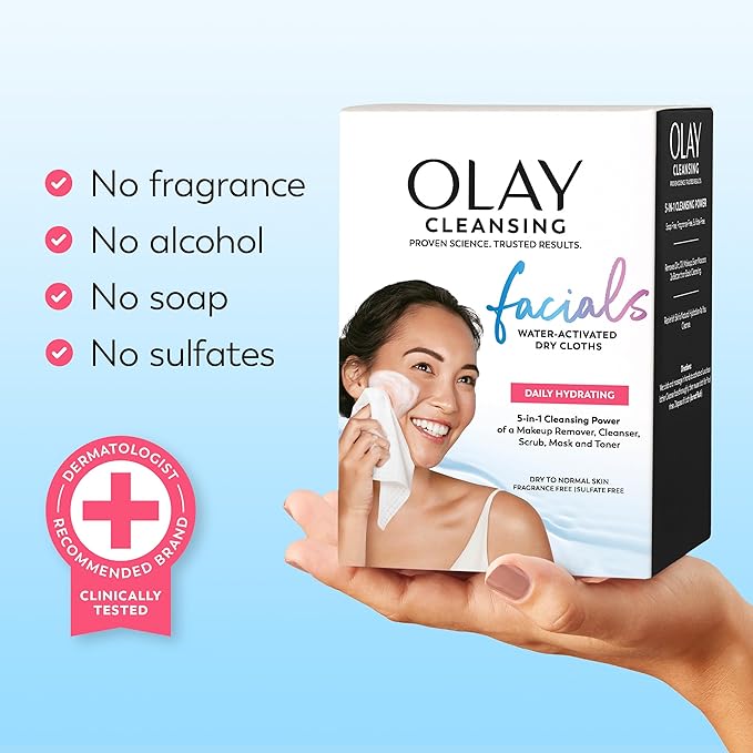 Olay Makeup Remover Wipes, Daily Facials Hydrating Face Cleanser for Normal to Dry Skin, Alcohol & Fragrance Free, Soft Face Wash Towels, Travel Essentials for Women, Convenient Dry Cloths, 66 ct