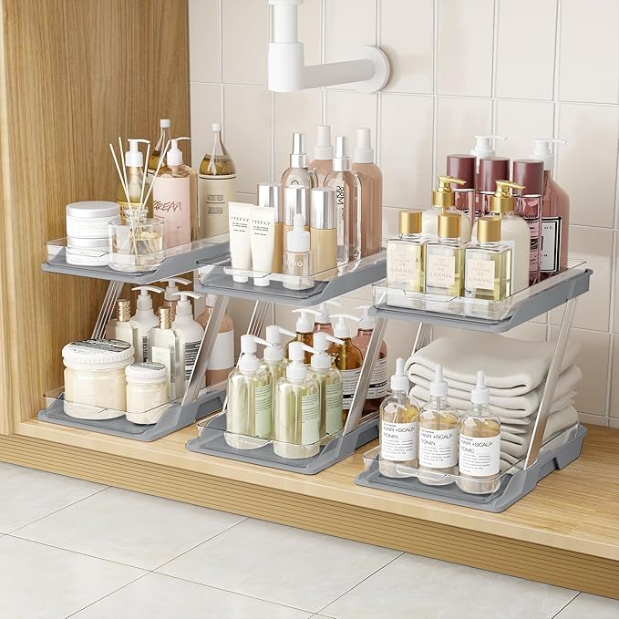 AUGBEAN 3 Pack Bathroom Organizers and Storage - Multi-Purpose,2-Tier Clear Pull Out Organization for Bathroom,Under Sink,Kitchen,Vanity,Countertop,Cabinet,Pantry & Medicine Cabinet,Grey