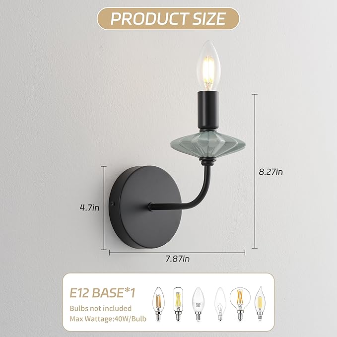 Modern Retro Wall sconces Set of Two with Green Ceramic Flower Decoration,Black Wall Lights, Hardwired Vintage Vanity Light for Bathroom, Living Room, Bedroom, and hallways.