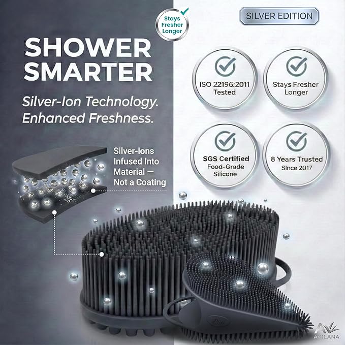 Avilana Silicone Body Scrubber for Shower – SGS Certified Food Grade Dual Sided Bath Brush, Gentle Exfoliating Silicone Loofah Alternative, Sensitive Skin Body Brush (Blue-Silver, Body & Face)