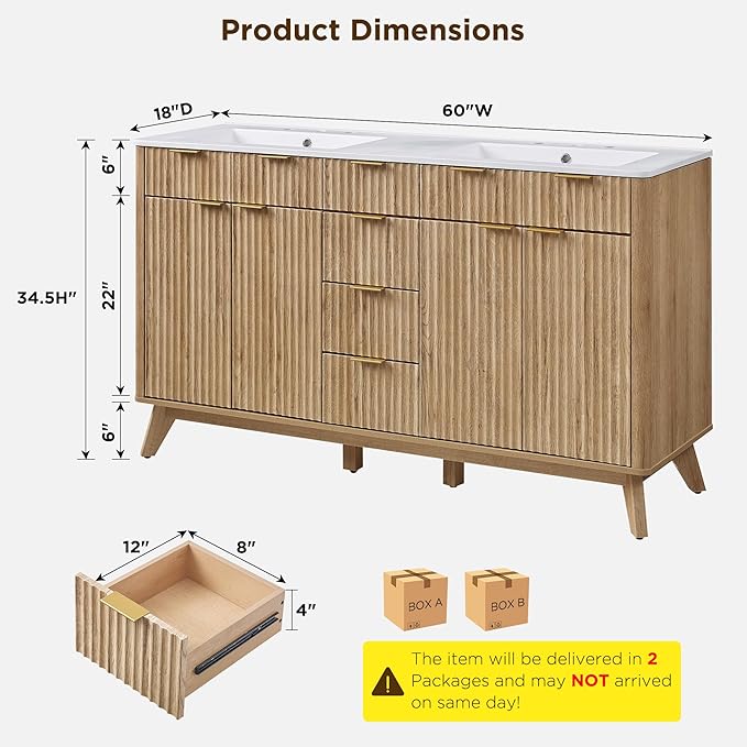 T4TREAM 60" Fluted Bathroom Vanity with Resin Sink Combo，Freestanding Modern Bathroom Storage Vanity Cabinet with Soft Closing Doors & 3 Drawers，Wood Grain Texture，Metal Handle，Natural Oak