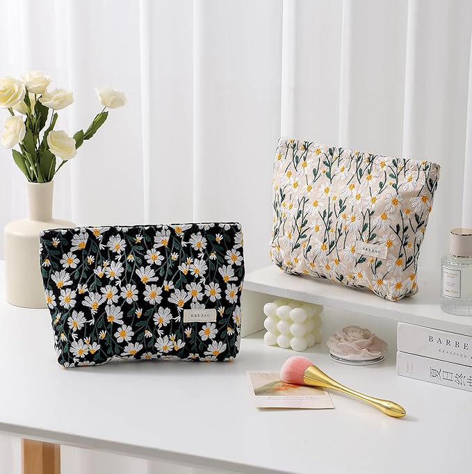 getgto 2 Pcs Makeup Bags, Large Cosmetic Bag Travel Toiletry Bag Organizer for Women, Embroidery Craft, Floral Makeup Bag Small Cosmetic Pouch Purse with Zipper Gifts for Girls Teen