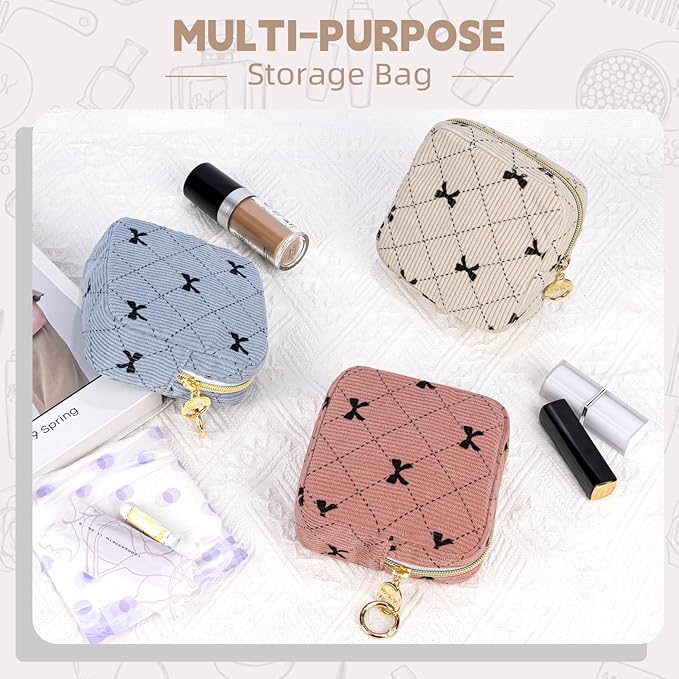 Period Bag for Teen Girls, Corduroy Cute Sanitary Napkin Storage Bag, Menstrual Pad Tampon Holder for Purse (Blue-Bow Tie)