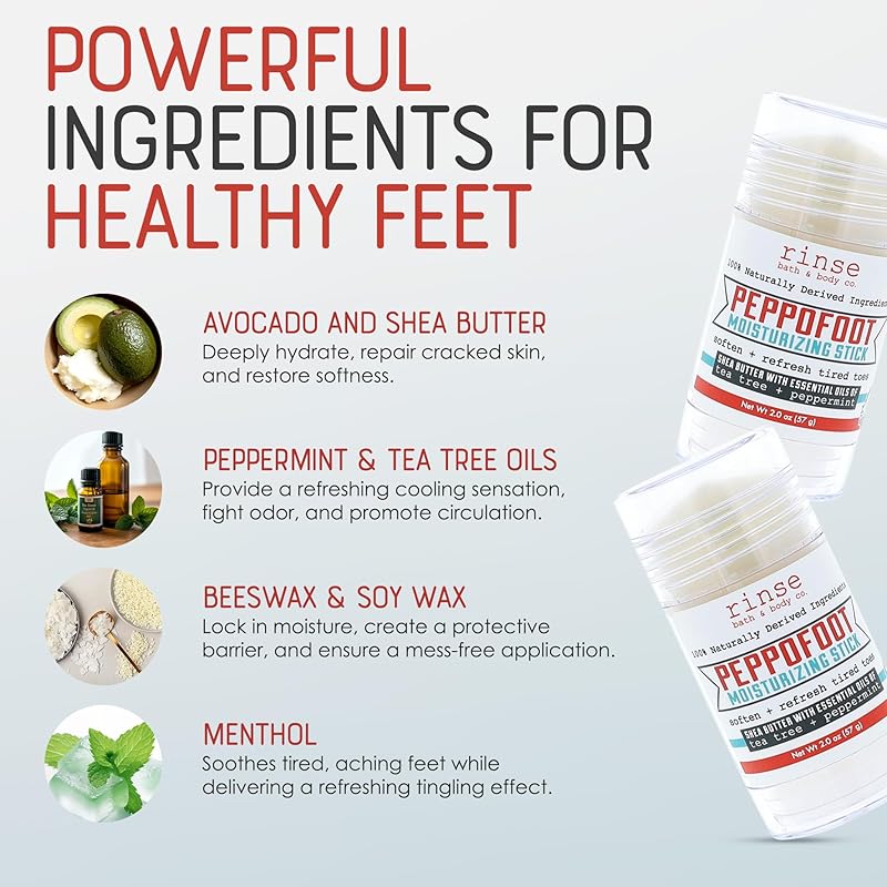 Rinse Bath & Body Peppofoot Heel Balm Stick Concentrated Cracked Heel Treatment, Shea Butter, Peppermint, Tea Tree & Menthol, 2 oz Foot Balm