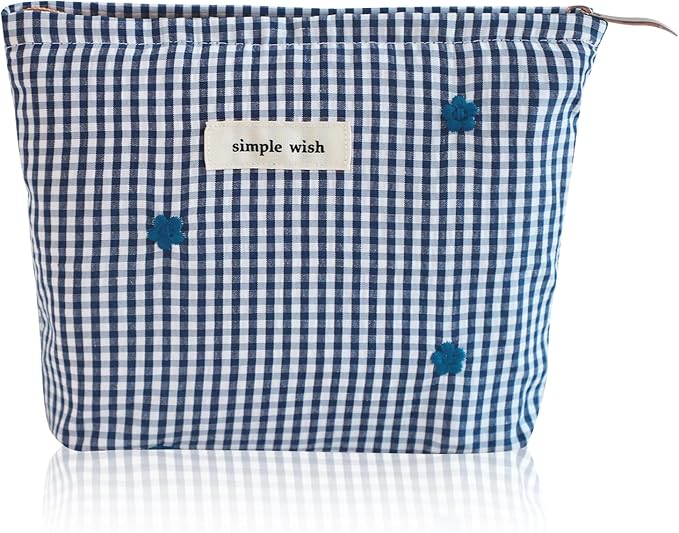 Wudygirl Makeup Bag Travel Cosmetic Bag for Women Small Makeup Pouch with Handle Zipper Cosmetic Pouch Handbag Aesthetic 8.3" x 5.9"(Navy Checkered)