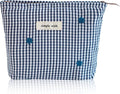 Wudygirl Makeup Bag Travel Cosmetic Bag for Women Small Makeup Pouch with Handle Zipper Cosmetic Pouch Handbag Aesthetic 8.3" x 5.9"(Navy Checkered)