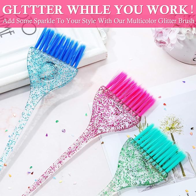 Patelai 6 Pcs Hair Color Brush Set, Glitter Hair Dye Brushes in 3 Colors, Soft Bristle Tint Applicator for Highlighting, Coloring, Tint and Dye, Reusable Salon and Home, 2.24 x 8.46 in