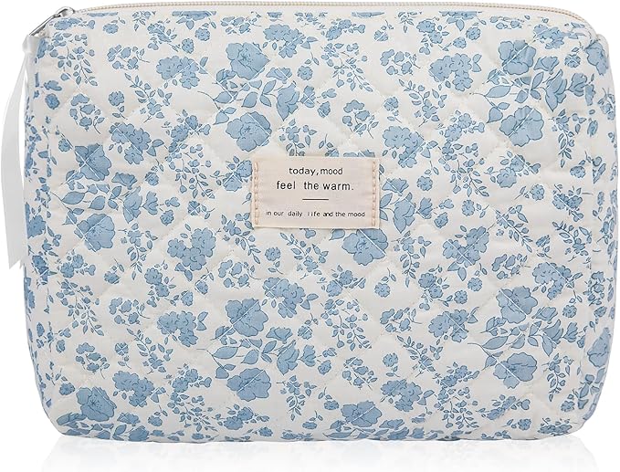 Gosect Floral Makeup Bag, Large Cosmetic Bag for Women Girls, Cute Cotton Make up Pouch, Quilted Makeup Bags, Flower Travel Toiletry Organizer Bag(Blue Floral)