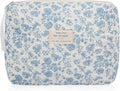 Gosect Floral Makeup Bag, Large Cosmetic Bag for Women Girls, Cute Cotton Make up Pouch, Quilted Makeup Bags, Flower Travel Toiletry Organizer Bag(Blue Floral)