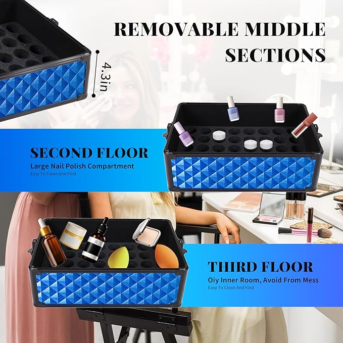 AROUS Rolling Train Makeup Case Cosmetology Case on Wheels, Blue