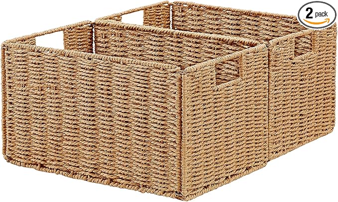Vagusicc Wicker Storage Basket, Set of 2 Hand-Woven Paper Rope Wicker Basket, Small Storage Baskets for Organizing Toilet Paper Basket, Foldable Large Cube Storage Organizer Bins for Shelves (Natural)