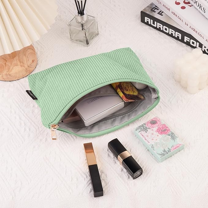 MAGEFY Small Makeup Bag for Purse Corduroy Makeup Bag with Inner Zipper Pockets Travel Cosmetic Bag for Women Preppy Stuff Gifts, Green