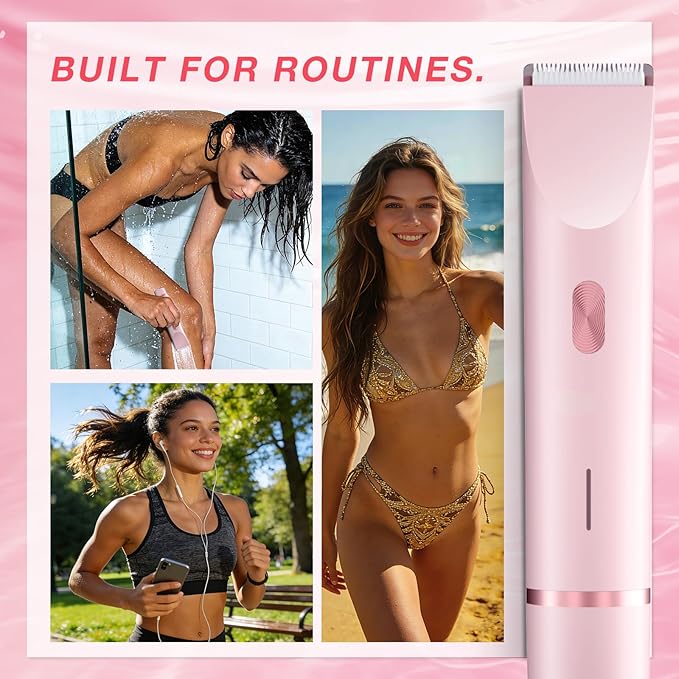 Bikini Trimmer for Women, Dual-Head Electric Body Hair Trimmer for Sensitive Areas, IP67 Waterproof Rinsable, USB-C Rechargeable Groomer for Bikini Line, Underarms, Legs & Face, Soft Pink