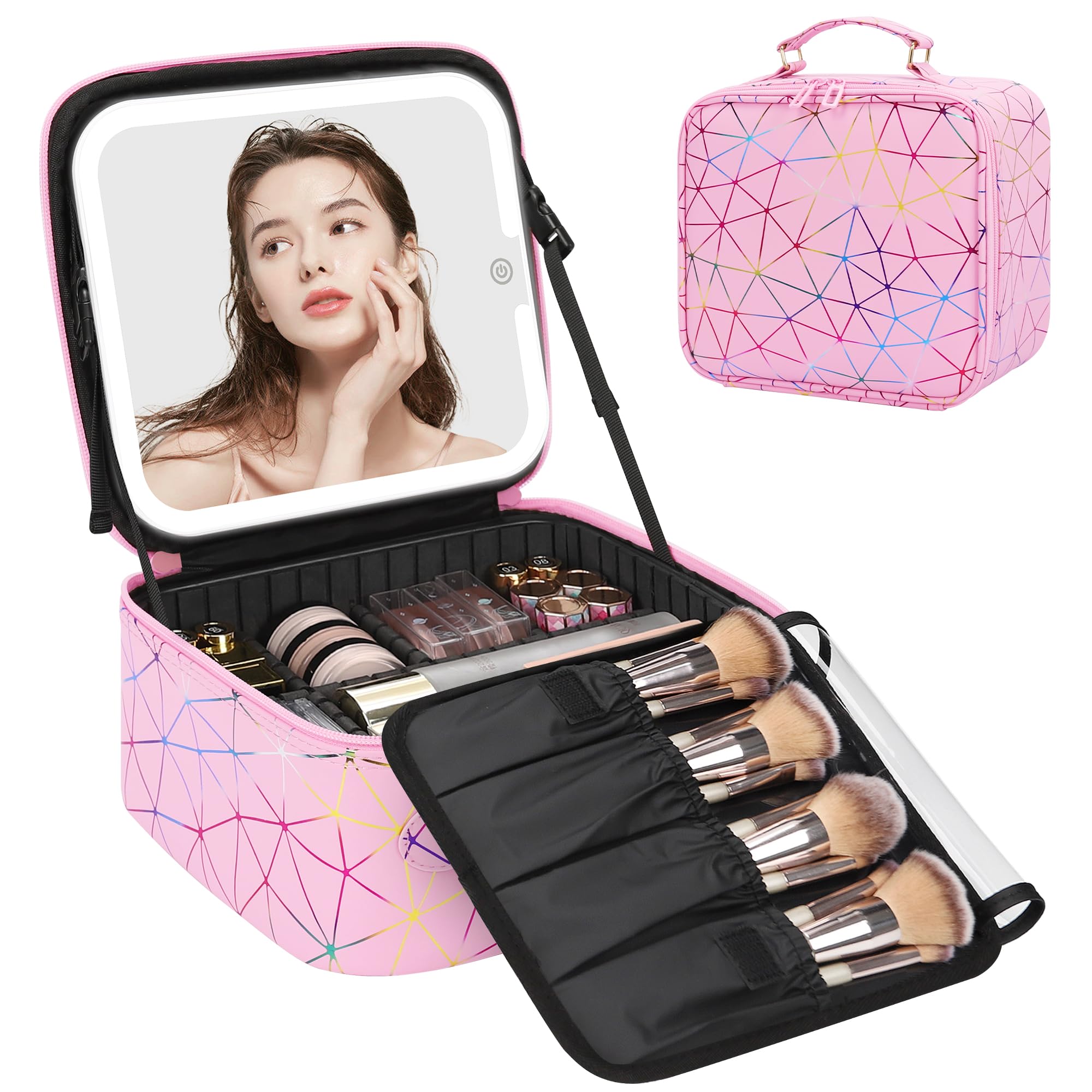 Relavel Travel Makeup Bag with LED Mirror, Portable Cosmetic Train Case with 3 Color Lighted Brightness Mirror, Makeup Artist Organizer Storage with Adjustable Dividers Make Up Box - Pink Geometric