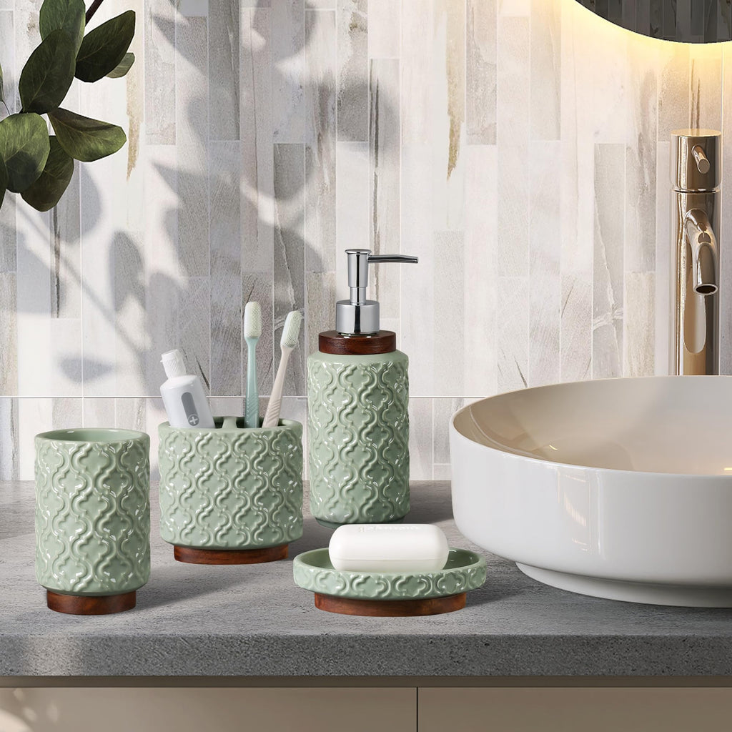 RQYIXI Elegant 6 PCS Ceramic&Wood Bathroom Accessories Set:Soap Dispenser,Toothbrush Holder,Tumbler,Soap Dish,Tray,Trash Can,Easy to Clean,Quatrefoil Pattern,Green-Affordable Home Luxury