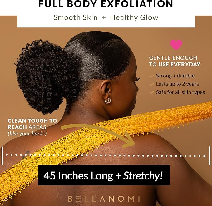 BELLANOMI African Exfoliating Net Sponge, Authentic, Ethically sourced from Nigeria, 45 inches Long, Back Scrubber for Daily use (Yellow)