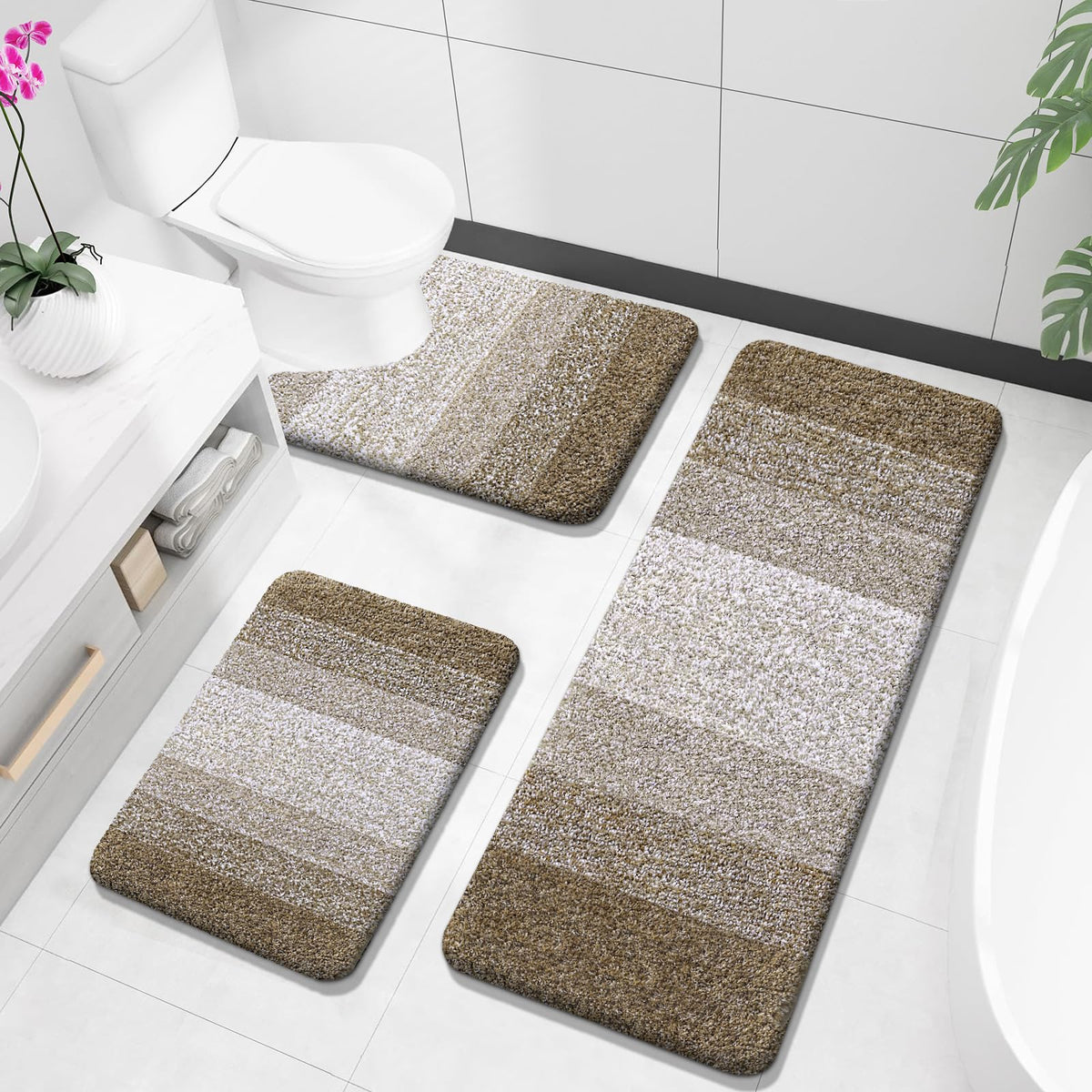 OLANLY Microfiber Bathroom Rugs Sets 3 Piece, Absorbent Bath Mats, Mauve