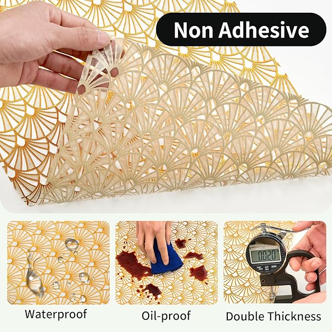 Shelf and Drawer Liner for Kitchen Cabinet,Non-Adhesive Waterproof Oil-Proof Easy Clean Shelf Liner for Dresser & Bathroom Vanities with Adhesive Dots & Cutting Tool(12 in X 10 Ft Gold Fish Scale)