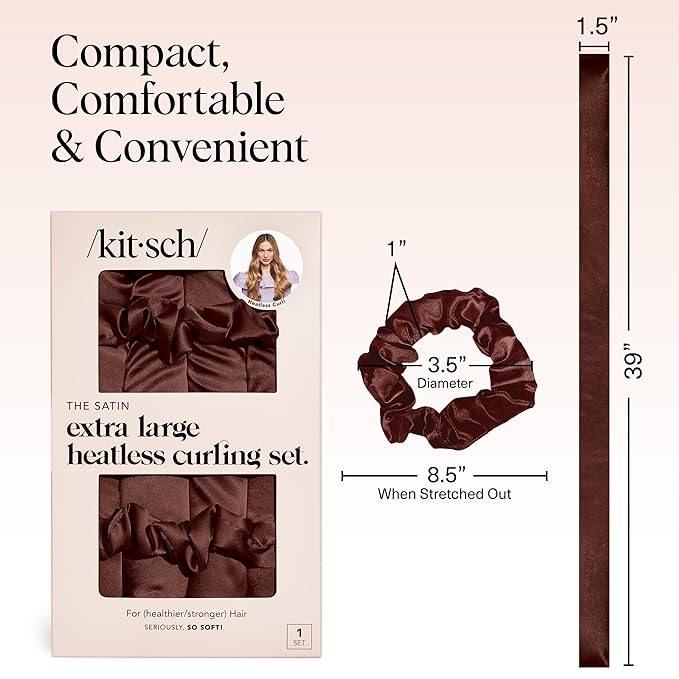 Kitsch Satin Heatless Curlers Set – Heatless Curls Overnight w/ 34" Hair Waver & 2 Satin Hair Scrunchies, Comfortable Hair Curlers to Sleep In for Frizz-Free, No Heat Damage Styling - Chocolate