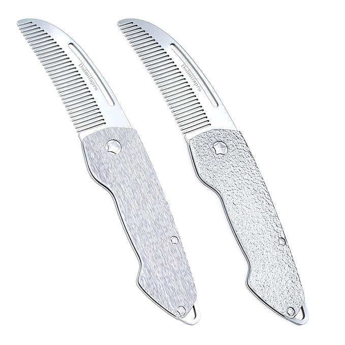 Dolmifapro Small Folding Mustache Comb, Metal Beard Comb for men EDC Pocket Mini Portable Fits In Keychain Anti-Static (Hammer Pattern)