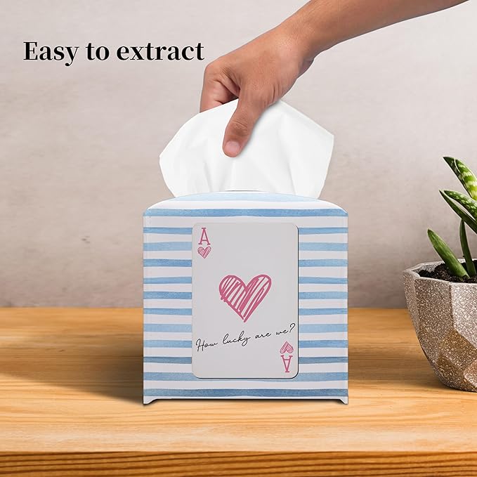 Grace Yonks Cute Tissue Box Cover Square - Red Heart Ace Card & Blue Stripe Design 5.2" PU Leather Holder for Vanity, Desk, or Bathroom Counter - Cube Case for Facial Tissues(007)