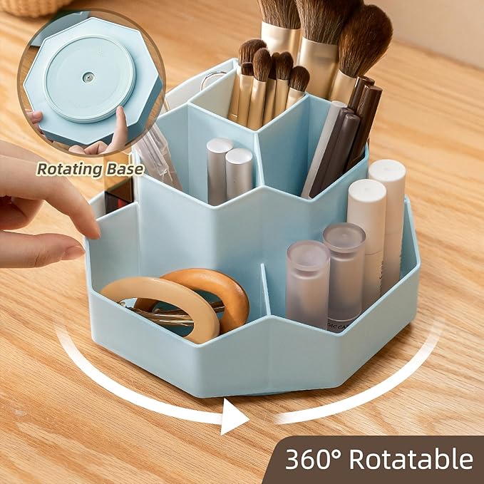 TNDCKP 360° Rotating Makeup Brush Holder Organizer with 9 Slots, Makeup Organizers Countertop, Makeup organization and Skincare Storage for Vanity, Desktop, Bathroom (BLUE)
