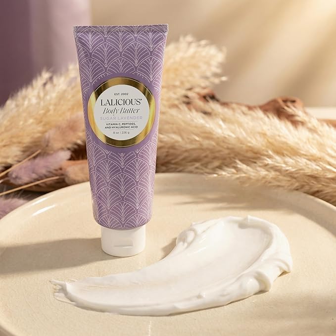 LALICIOUS Sugar Lavender Whipped Body Butter 8oz | Ultra-Hydrating Shea Butter Body Cream with Hyaluronic Acid, Vitamin C & Peptides | Deep Moisturizing Lotion for Dry Skin | Calming Lavender Scent