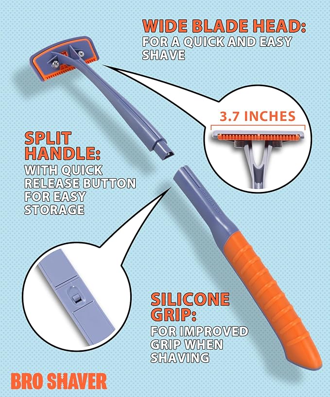 BRO SHAVER 3.0 +6 Blades, Back Shaver for Men (DIY) Back & Body Hair Trimmer. Shave Wet or Dry. Uses Double Edge Razor Blades. Ergonomic Handle, Includes Blades
