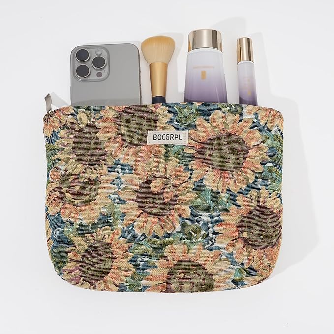 BOCGRPU 2 PCS Makeup Bag Set，Portable Cosmetic Bag for Purse ，Large Storage Capacity Toiletry Bag Make up Organizer，Travel Pouch with Zipper for Women, (Sunflower Oil Painting)