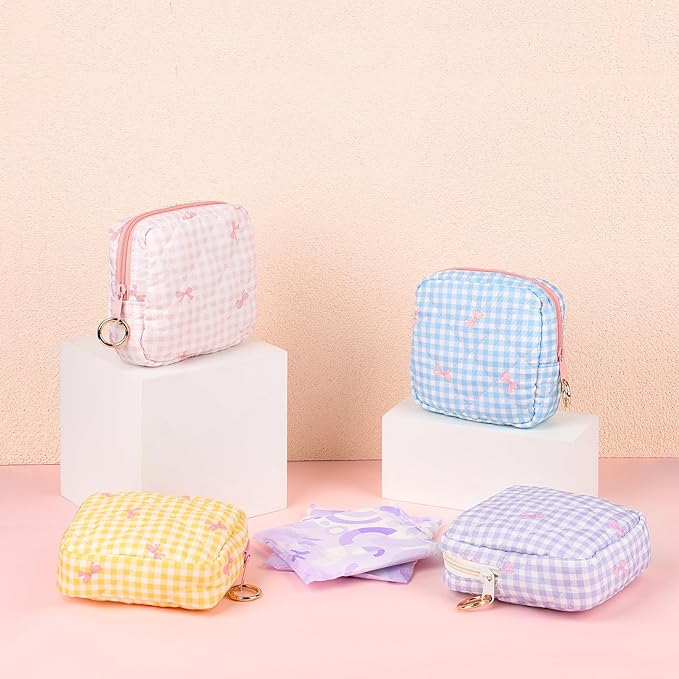 Playexen Period Bag for Teen Girls, Quilted Sanitary Napkin Storage Bag, Cute Bow Tie Menstrual Pad Pouch Tampon Holder (Plaid Pink)