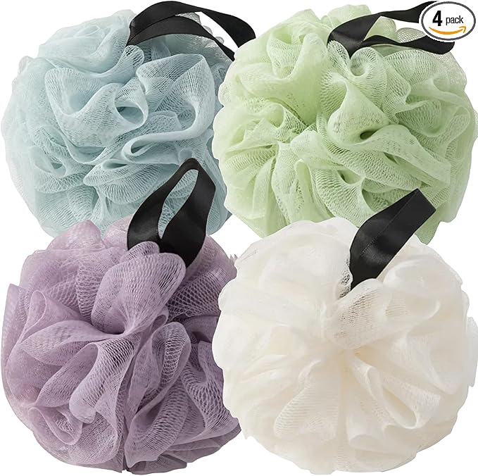 Loofah Sponges for Shower,Exfoliating Cleaning Bath Loofa Body Scrubber Balls for Women Men Washing,Soft Pastel 4 Pack - Sky Blue, Purple, Light Green & Beige