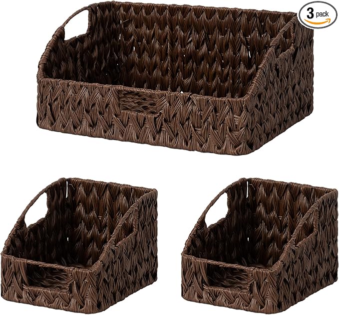 GRANNY SAYS Wicker Storage Basket for Shelves, Wicker Basket with Handles, Trapezoid Woven Baskets for Storage, Decorative Baskets for Home Decor, Brown, 3 Pack