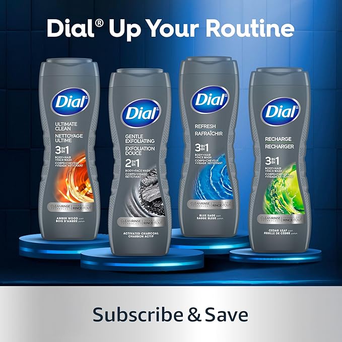 Dial Men 3 in 1 Body, Hair and Face Wash, Soothe, 16 Fl Oz, Pack of 4, Infinite Fresh Scent, Cleanses Deep + Gentle on Skin with Clean Rinse Technology