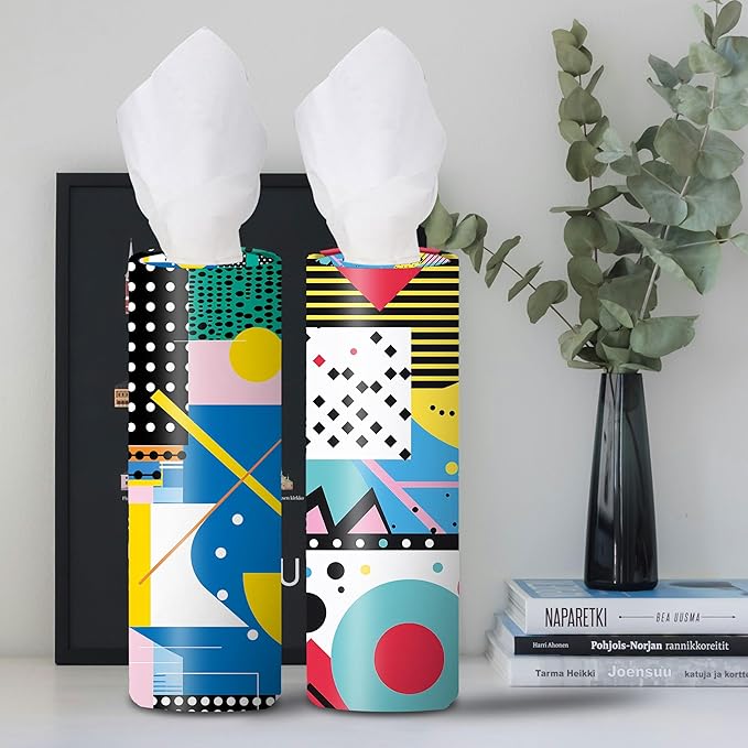 4-Pack Car Tissue Cylinders - 1980s Geometric Pattern, Fits Car Cup Holders, Travel Tissue Tubes with Facial Tissues (Geometric Design)