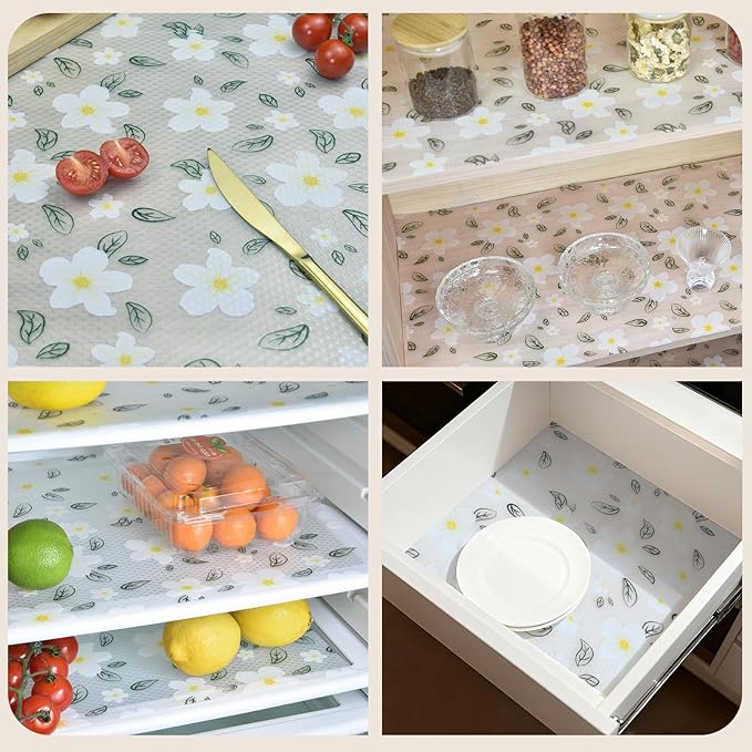 Drawer and Shelf Liner for Kitchen Cabinet,Non-Adhesive EVA Waterproof Drawer Liner for Dresser & Bathroom Vanities with Cutting Tool(12 in X 10 Ft White Cherry Blossom)