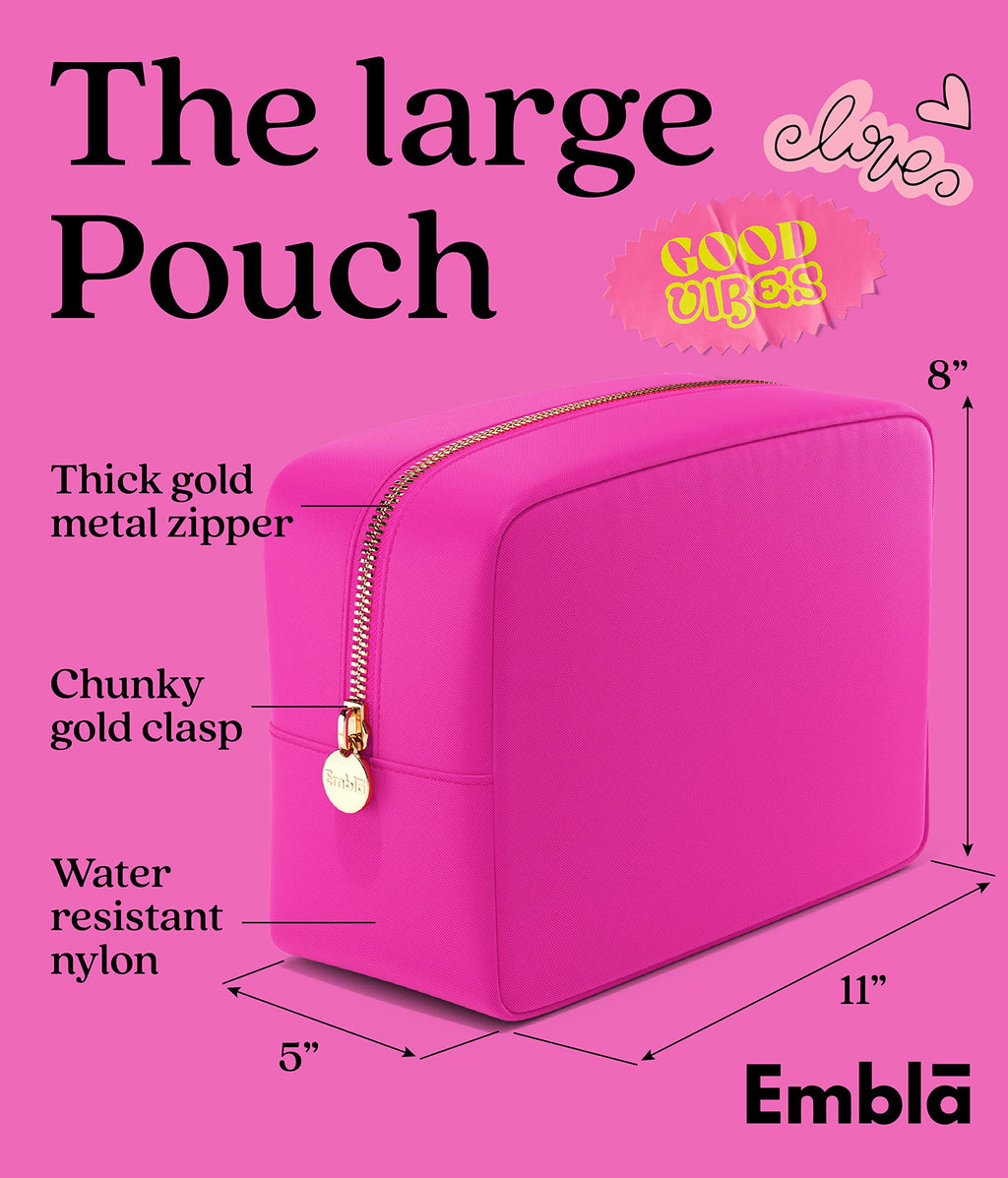 Embla Large Makeup Bag and Waterproof Nylon Travel Toiletry Bag, Large Capacity Cosmetic Zipper Pouch, Fuchsia Pink