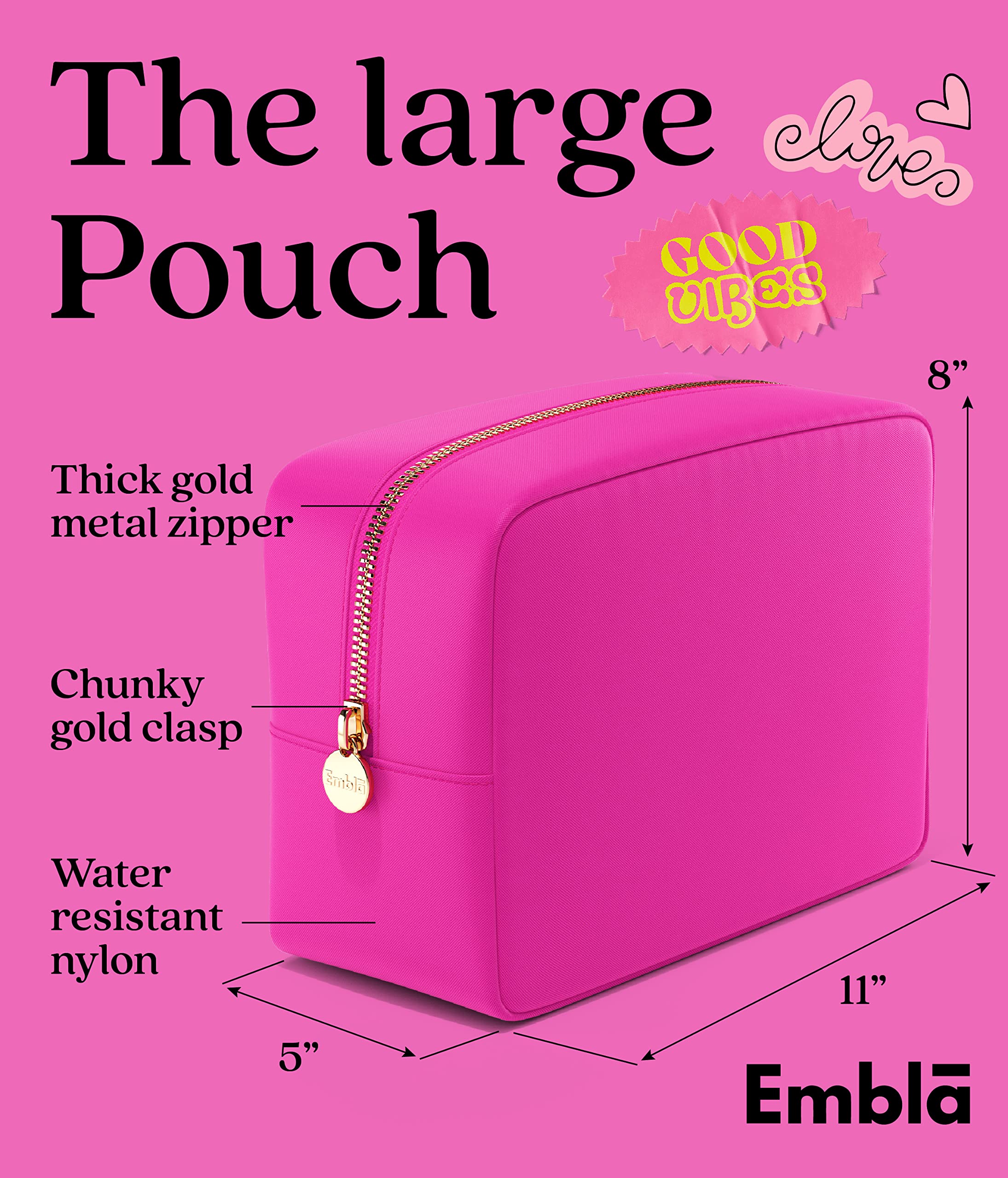 Embla Large Makeup Bag and Waterproof Nylon Travel Toiletry Bag, Large Capacity Cosmetic Zipper Pouch, Fuchsia Pink