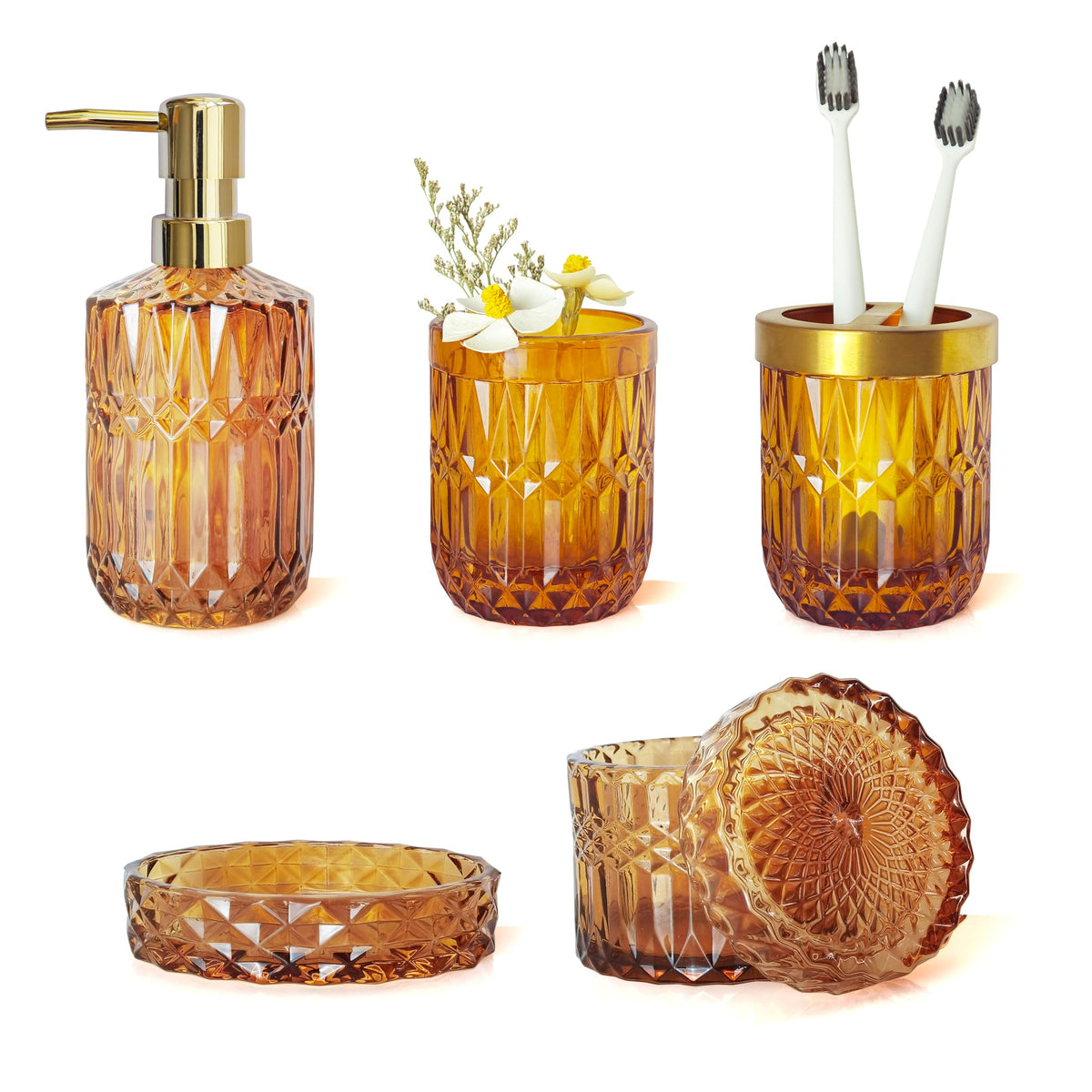 LaMrriti Purple Bathroom Accessories Set 5 Pcs, Glass Bathroom Set
