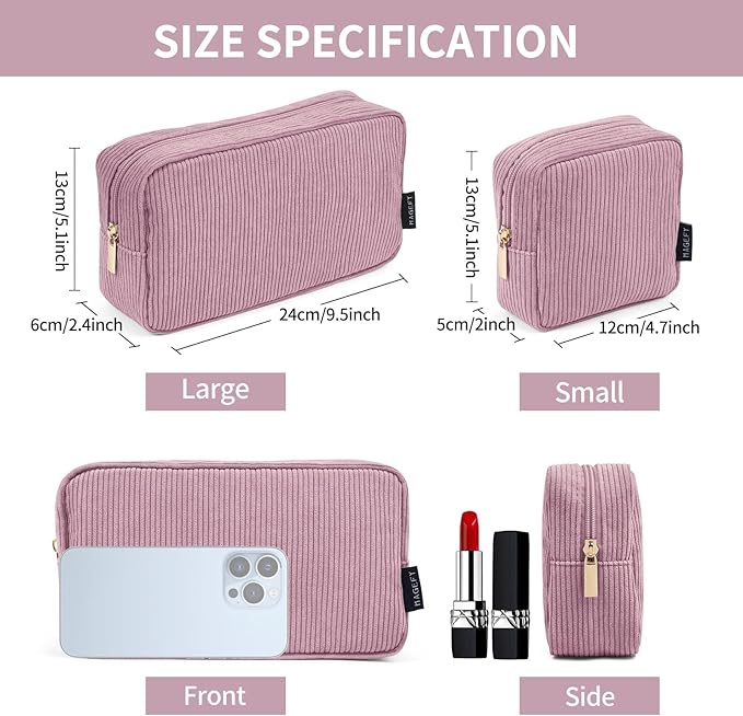 MAGEFY Makeup Bag for Purse, 2 Pcs Corduroy Cosmetic Bag for Women Small Travel Makeup Pouch with Zipper(Pink)