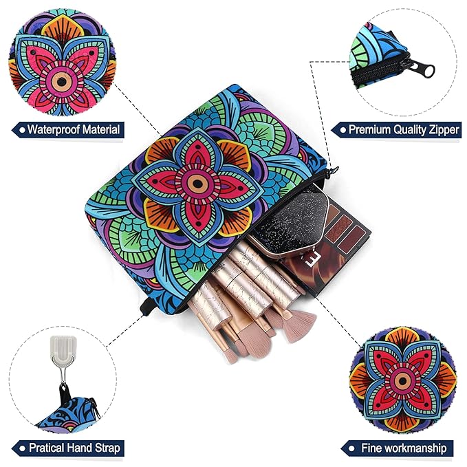 MAGEFY Makeup Bag, 2 Styles Travel Cosmetic Bag for Women Cosmetic pouch Elegant Blue Patterns Zipper Pouch Waterproof Makeup Pouch Cute (2 Packs, Peacock feather + Mandala pattern 0179)