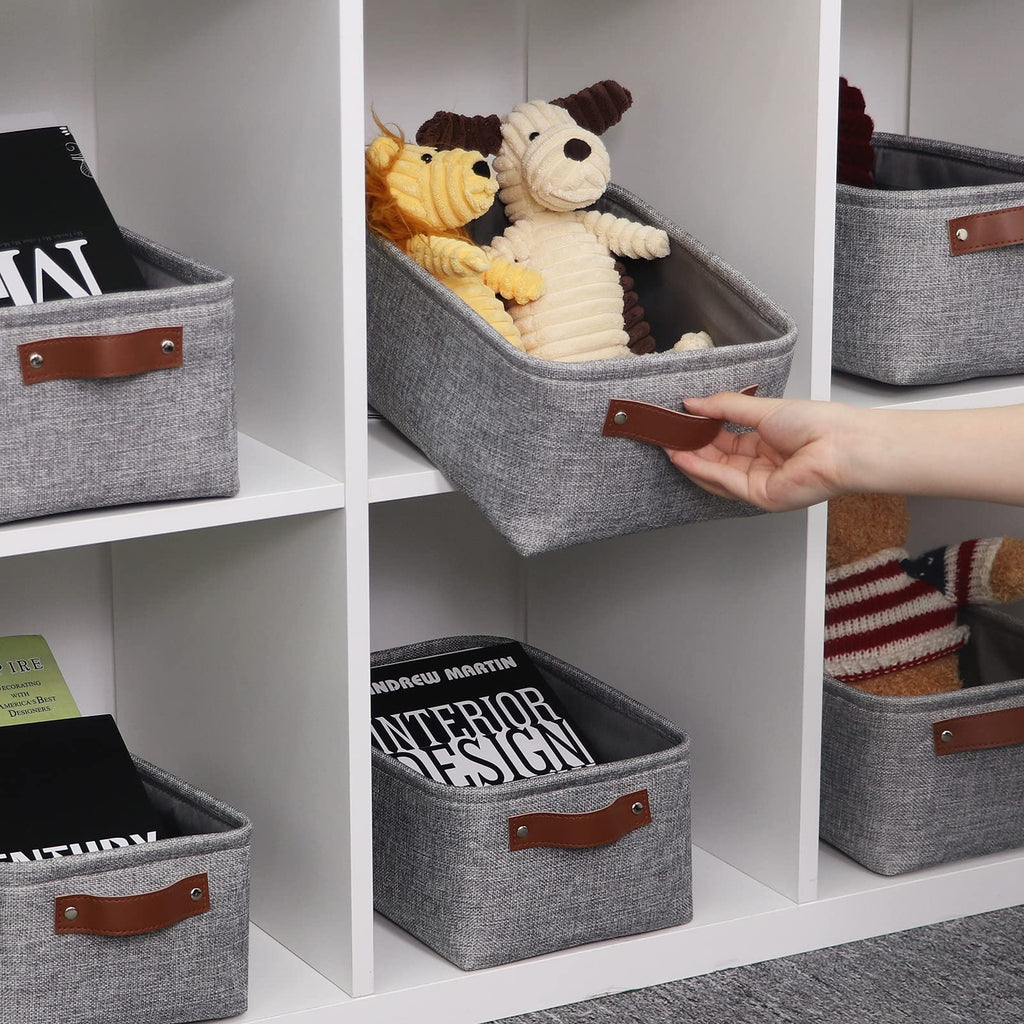 HNZIGE Foldable Fabric Storage Baskets (6pack), Empty Gift Baskets with Leather Handles, Decorative Organizers for Closet (Gray, 11.8" x 7.8" x 5.1")