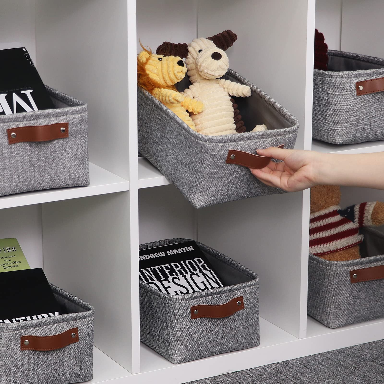 HNZIGE Foldable Fabric Storage Baskets (6pack), Empty Gift Baskets with Leather Handles, Decorative Organizers for Closet (Gray, 11.8" x 7.8" x 5.1")
