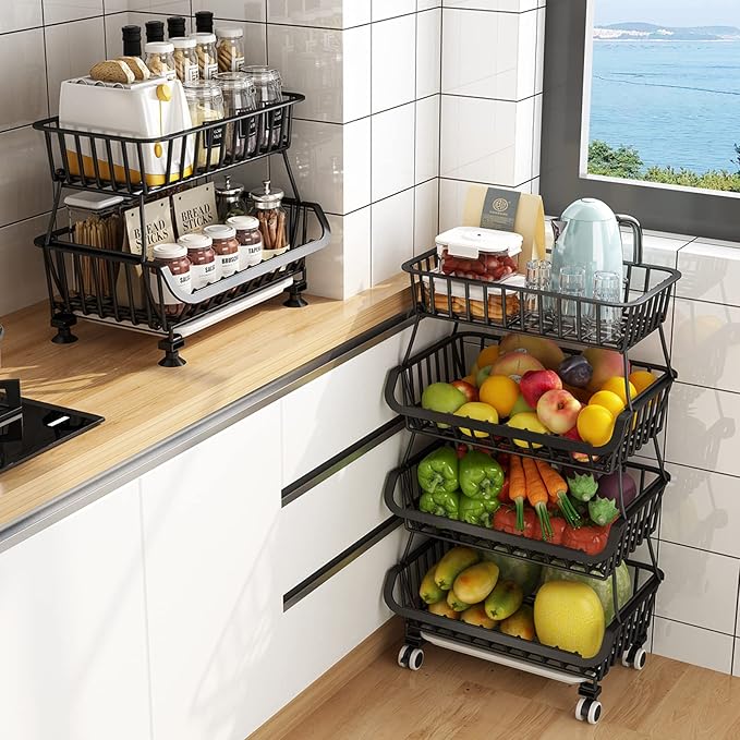 Metal Wire Baskets with Wheels, Stackable Storage Bins Kitchen Organizer Shelf 3-4-5-6 Tier Fruit Vegetable Cart Dishes Seasonal Rack Shelves for Garage, Pantry, Bathroom