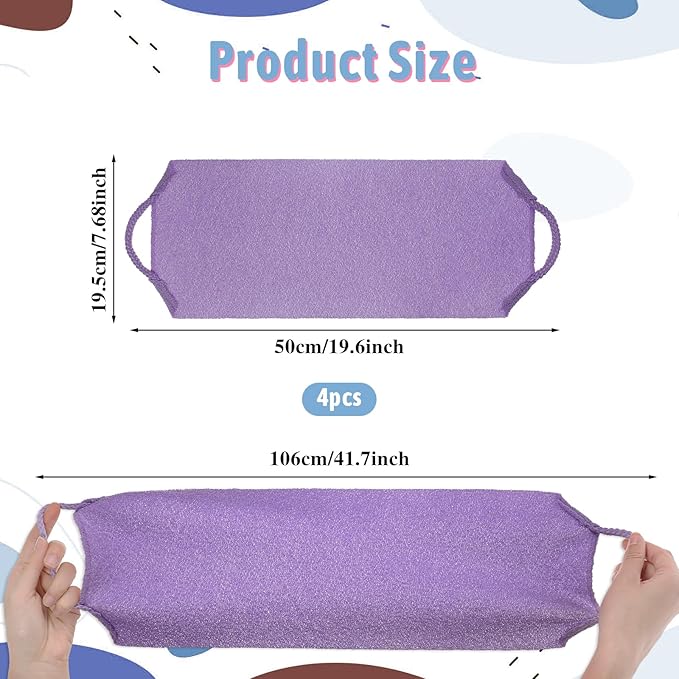 4pcs Exfoliating Back Washers Scrub with Handles Japanese Body Scrubber Cloth Towel for Shower Nylon Back Exfoliator Extended Washers Stretchable Body Bath Pull Strap for Cleans Skin Massages