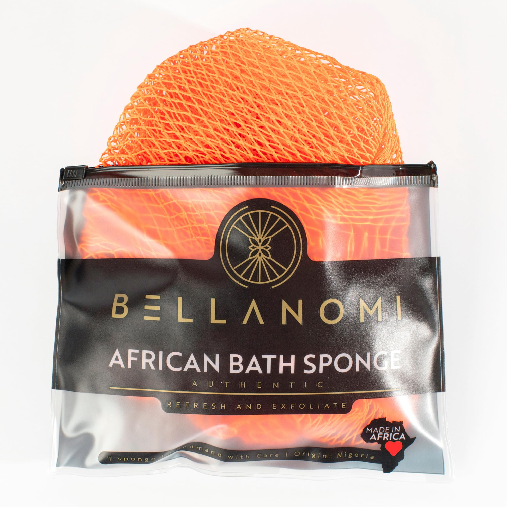 BELLANOMI African Exfoliating Net Sponge, Authentic, Ethically sourced from Nigeria, 45 inches Long, Back Scrubber for Daily use (Orange)