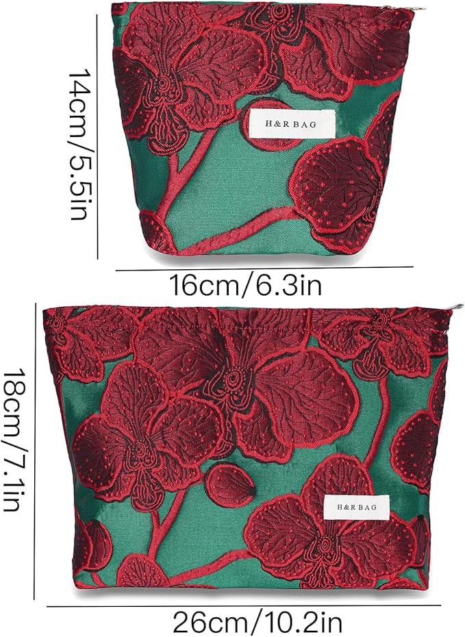 BOCGRPU 2 Pcs Makeup Bags for Purse, Large Cute Cosmetic Bag Travel Toiletry Bag Organizer for Women, Embroidery Craft Floral Makeup Bag Small Cosmetic Pouch Purse with Zipper (Elegant Red Flower)