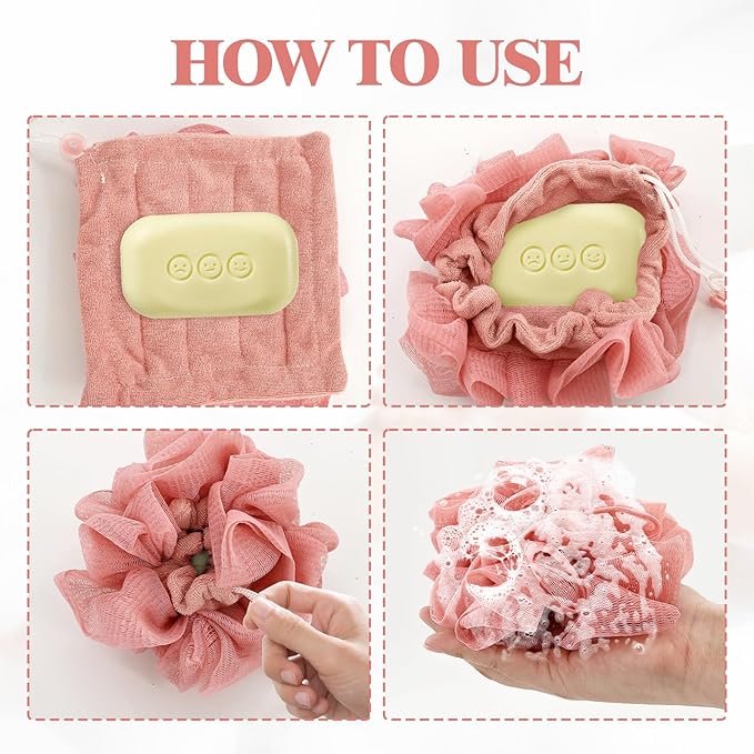 3 Pcs Soap Bar Loofah, 2 in 1 Bar Soap Loofah Pouch Can Hold Soap Effective Exfoliation for Bathing (Khaki+ Beige + Pink)