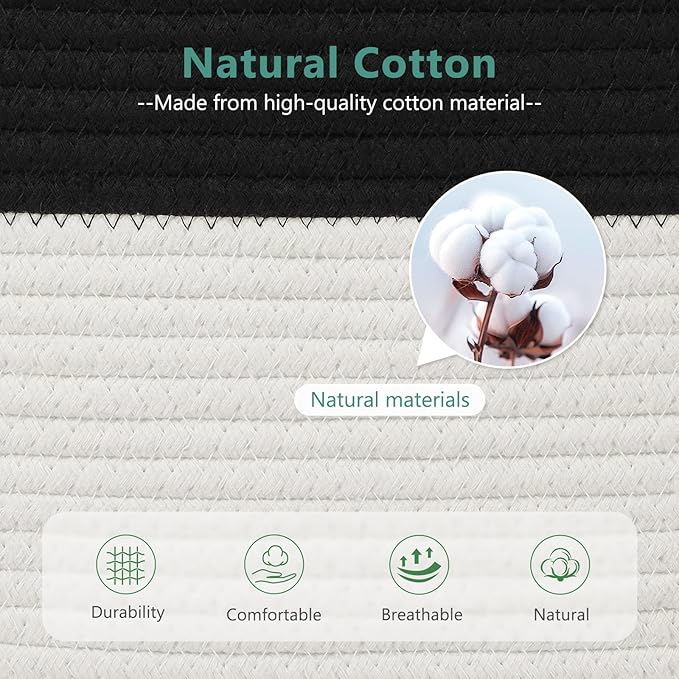 Cotton Rope Storage Basket, 15x10x9 Inches, Woven Basket for Shelves, Clothes, Towels, Books, and Laundry, Black/White (1 Pack)