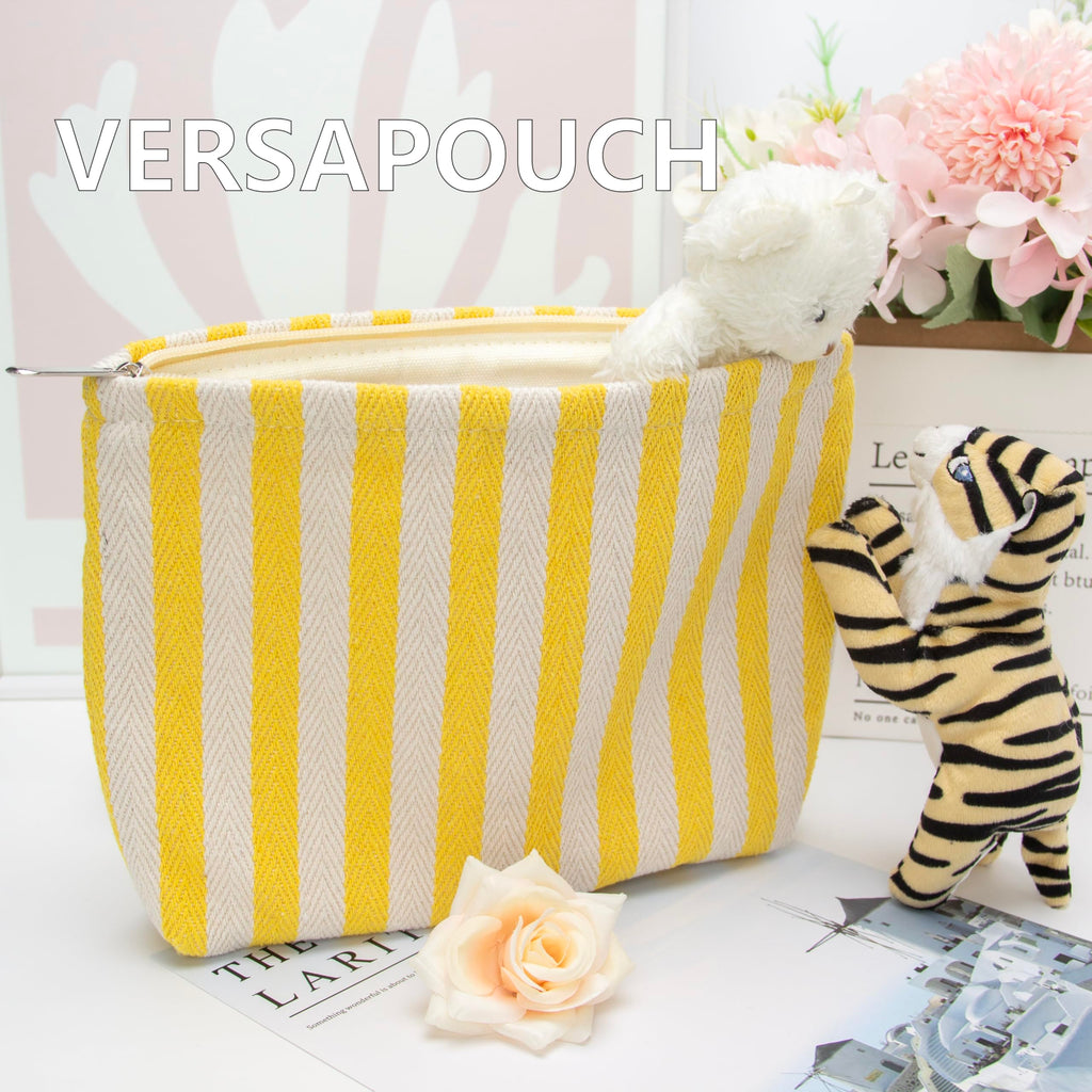 Flat Makeup Bag for Women,Zipper Cosmetic Pouch for Purse,Stripe Yellow