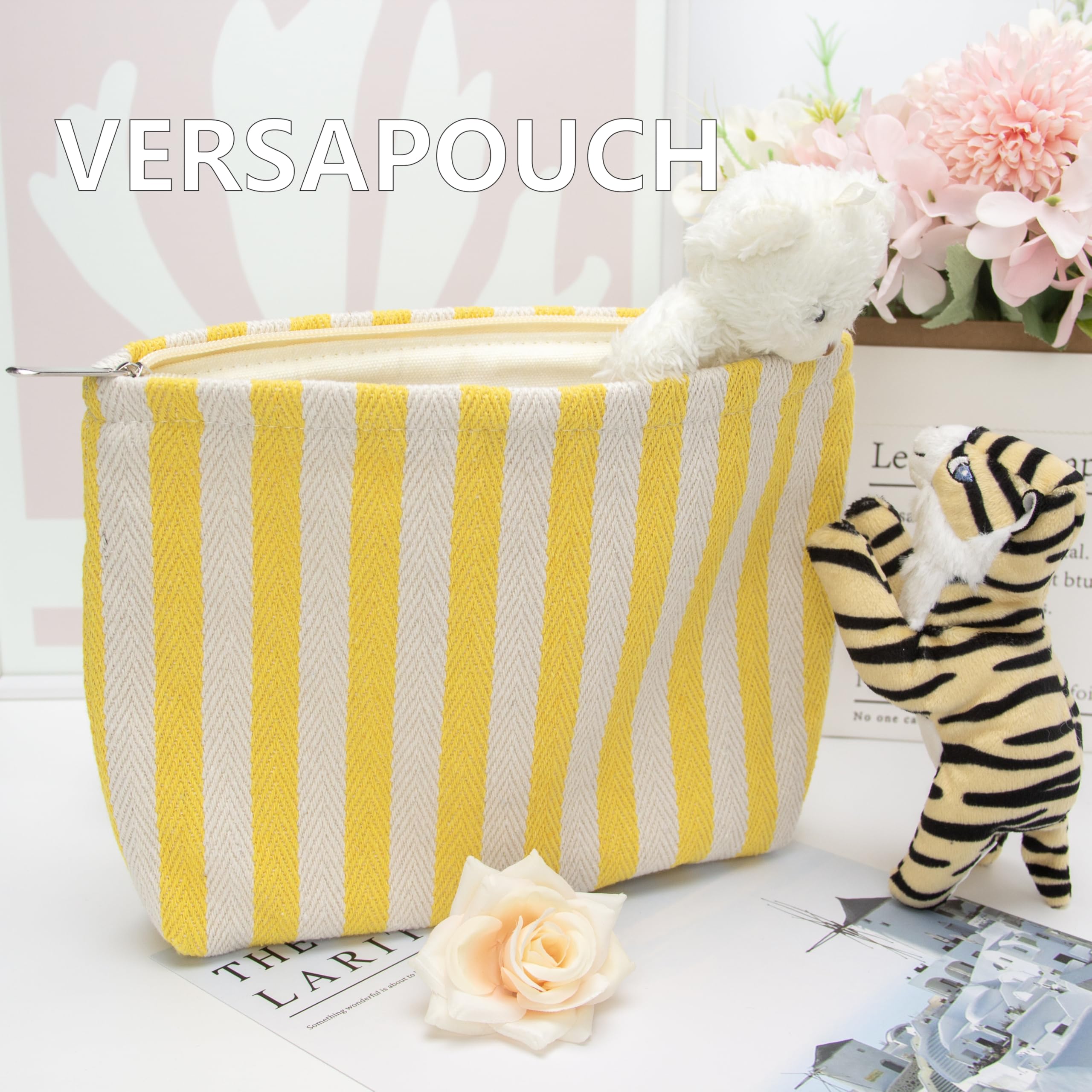 Flat Makeup Bag for Women,Zipper Cosmetic Pouch for Purse,Stripe Yellow